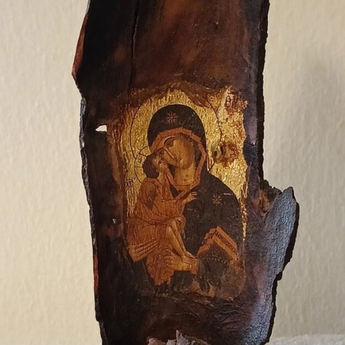 Icon of Virgin Mary with Jesus on wood, like new, on base