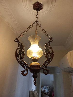 Vintage ceiling light like new, bronze and glass