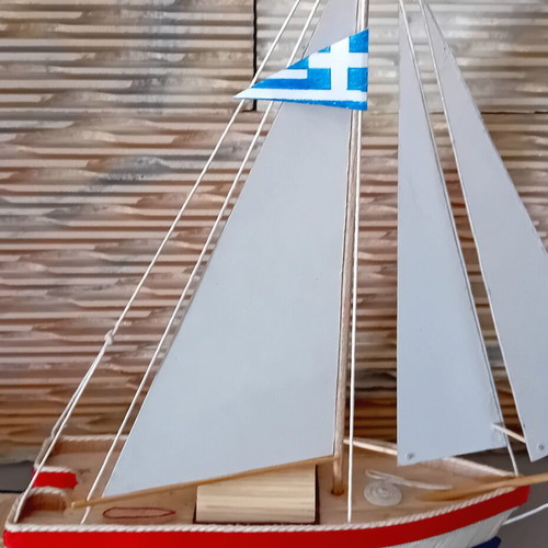 Wooden handmade boat new with Greek flag and miniature details