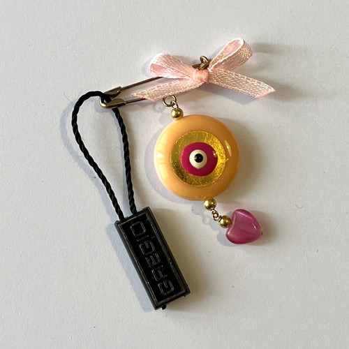 Gregio 9K Evil Eye Brooch with Coral, Enamel and Pink Garnet New