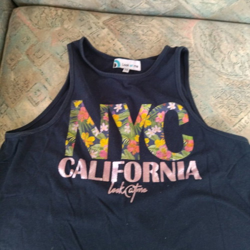 Girls' summer blouse medium blue like new with NYC California print