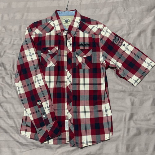 Funky Buddha Tartan Plaid Shirt Large like new, red/navy