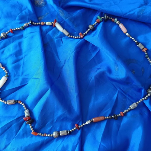Vintage ‘80s Ethnic Tribal Nepal Necklace with Semi-Precious Stones and Metal Beads new, multicolor