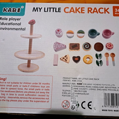 Wooden set for branch with tea, sweets and cake rack, fantasy play
