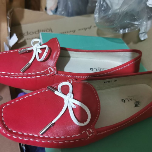 Red women's driving shoes with white decoration