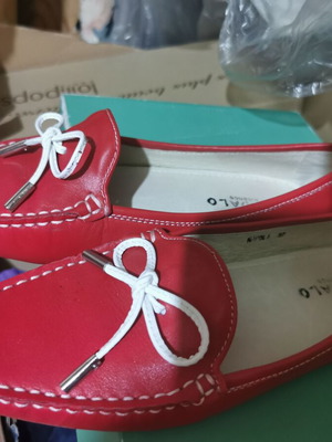 Red women's driving shoes with white decoration