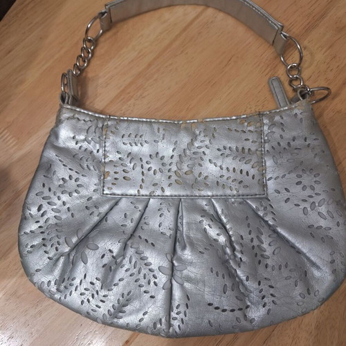 Laura Biagiotti evening bag used, small silver faux leather handbag