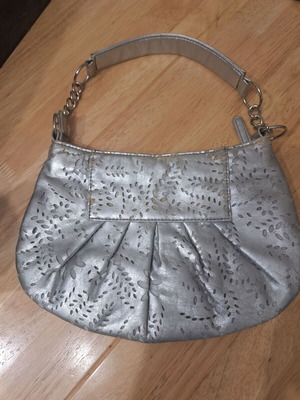 Laura Biagiotti evening bag used, small silver faux leather handbag