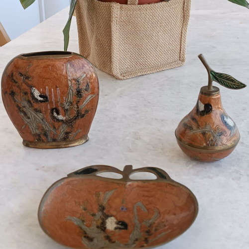 Vintage handmade decorative metal set 80's used, hand-painted