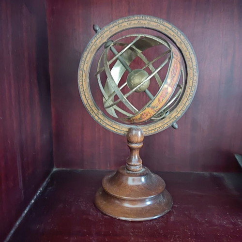Italian wooden globe used with zodiac and astrolabe