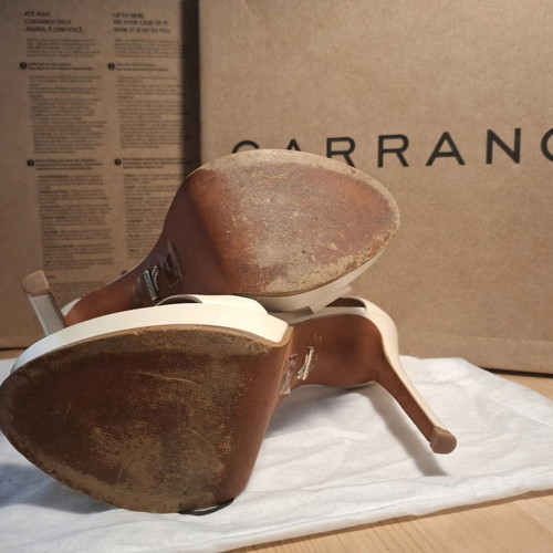 Caranno strapped heels used beige leather wedding shoes, 14 cm heel