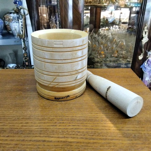 Wooden mortar and pestle like new with Karpenisi inscription