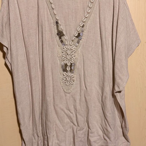 Mat oversized linen kaftan tunic with shells, like new, beige, size L