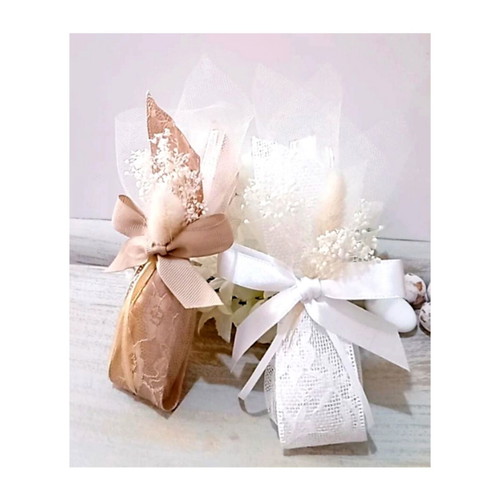 Handmade wedding favors with satin lace and dried flowers, made to order