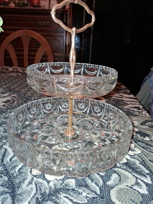 Vintage crystal etagere like new with floral design and gold support