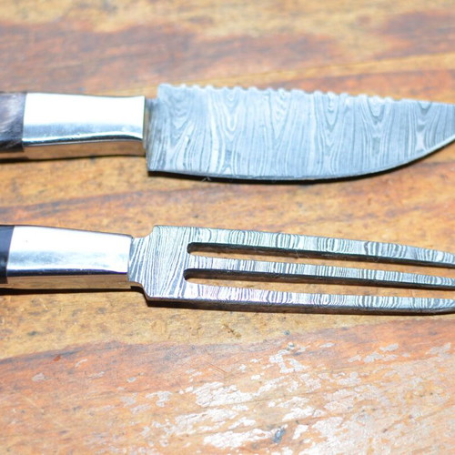 Damascus Hand Forged Knife and Fork BBQ Hunting Set New