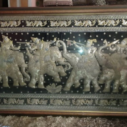 Burmese Embroidered Burma Like New with Warriors and Elephants in Frame