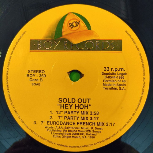 Sold Out Hey Hoh 12'' Vinyl Maxi Single 1996 used, electronic