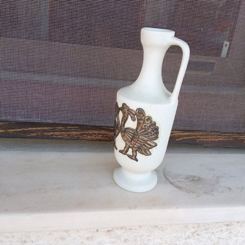 Faience jug used with two silver peacocks 17 cm