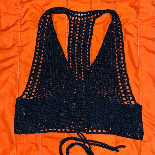 Handmade black crochet halter top with tie details