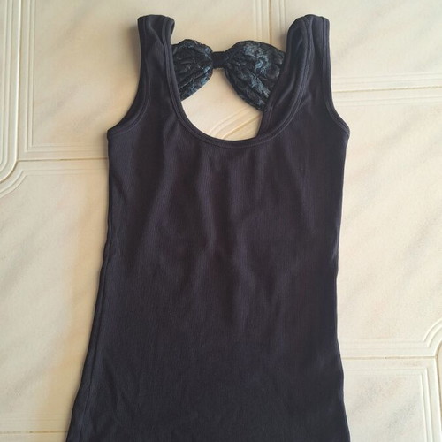 Zic Zac Black Ribbed Top with Lace and Bow, Like New, One Size