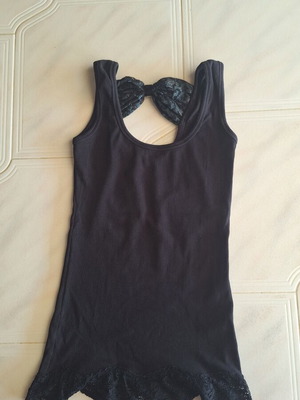 Zic Zac Black Ribbed Top with Lace and Bow, Like New, One Size