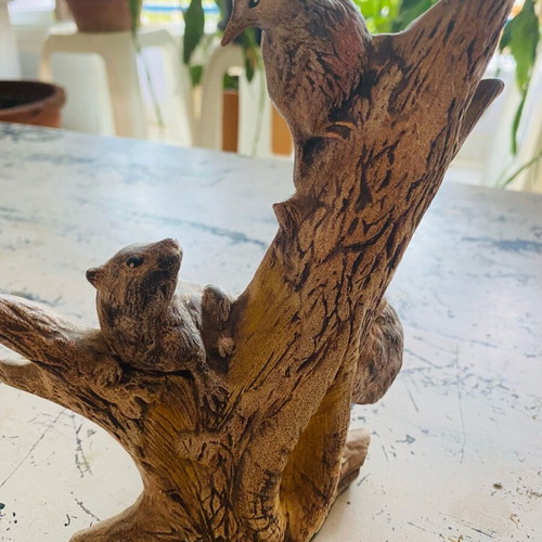 Handmade ceramic decorative owls and tree branch with squirrel and bird new