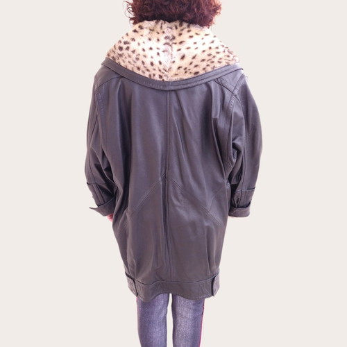 Women's black leather coat with real fox fur leopard collar, used, size L