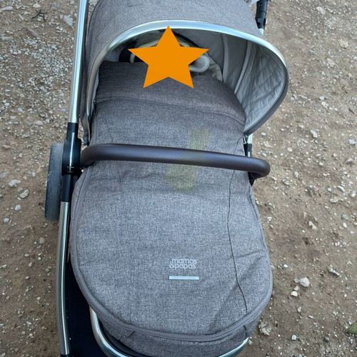 Ocarro Wallnut stroller used with car seat and accessories by Mamas & Pappas