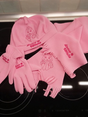 Set φλις καπέλο, κασκόλ και γάντια, καινούργιο, ροζ, Χιονάτη