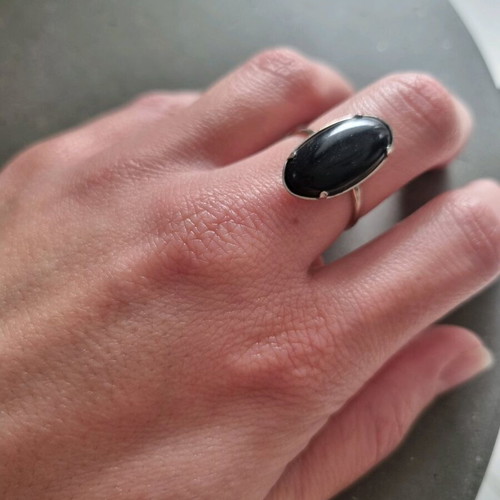 Vintage ring with oval black stone new, silver