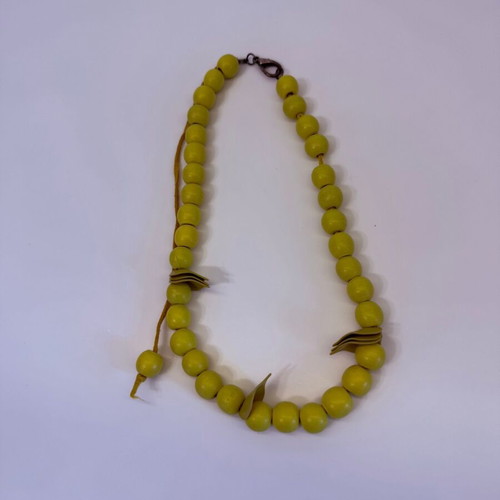 Handmade yellow necklace with wooden beads and suede cord like new