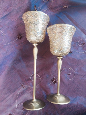 Mosaic glass candlesticks with bronze used, set of 2 pieces