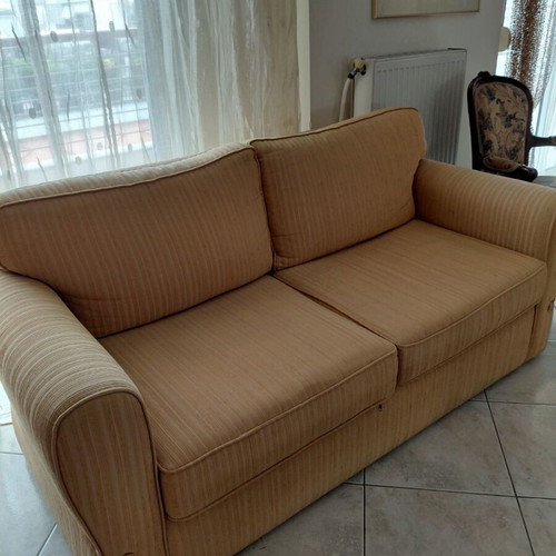 Three-seater sofa with mechanism for double bed, like new, beige fabric