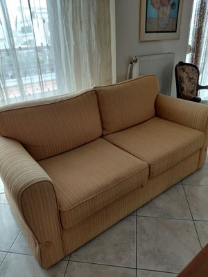 Three-seater sofa with mechanism for double bed, like new, beige fabric