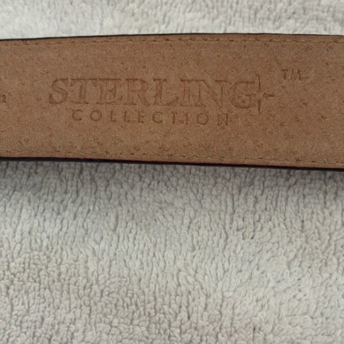 1996 Omega Sterling brown leather belt 95cm, western style, alligator print buckle