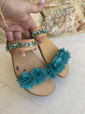 Handmade leather sandals with turquoise flowers and semi-precious stones size 40 like new