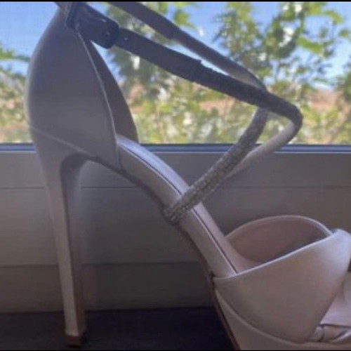 Handmade bridal sandals used, white pearl leather, size 38, 11.5cm heel