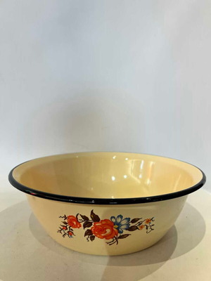 Vintage enamel bowl used, beige with floral design 9x28
