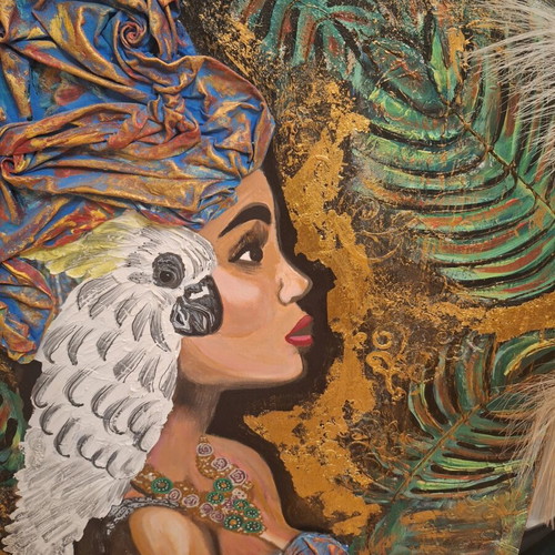 Ethnic mixed media painting on wood panel