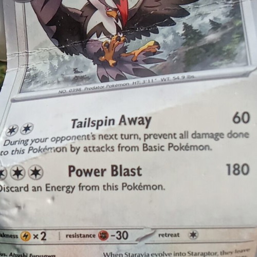 Staraptor Pokemon card used, crumpled
