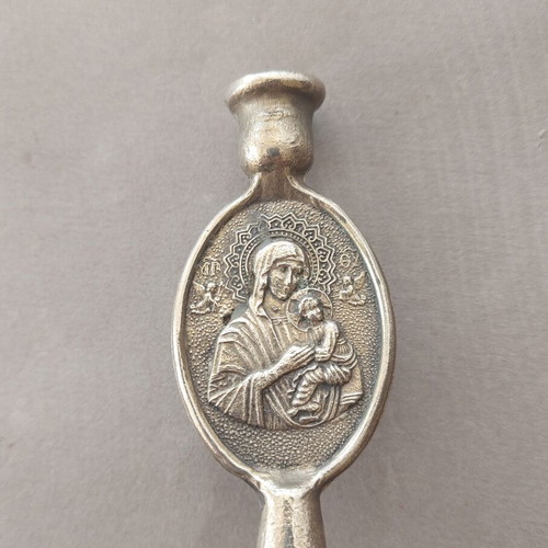 Antique silver-plated Christian candle holder with Panagia Odigitria and Annunciation