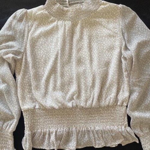 Romantic women's blouse beige used, size M with smocked waist and peplum hem