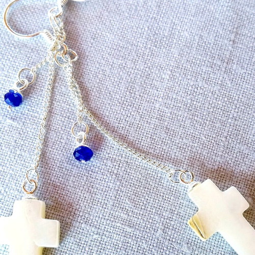 Lolita silver 925 earrings with pearl crosses and crystals, handmade