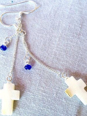 Lolita silver 925 earrings with pearl crosses and crystals, handmade