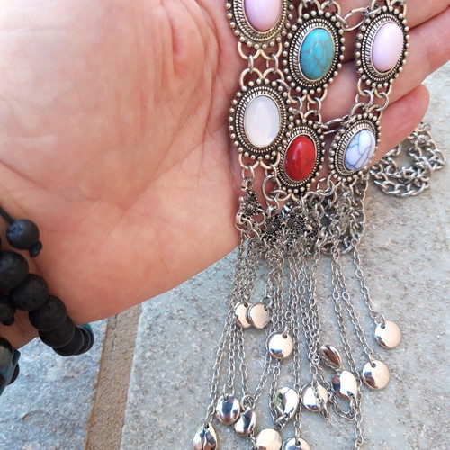 Boho long necklace silver with multicolor cabochons like new
