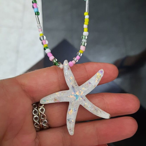 Starfish necklace with iridescent pendant and colorful beads, 40-45 cm