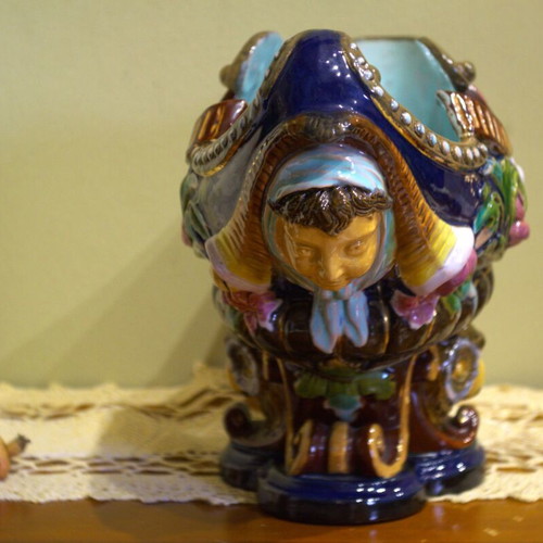 Large Antique Barbotine Majolica Jardiniere Like New