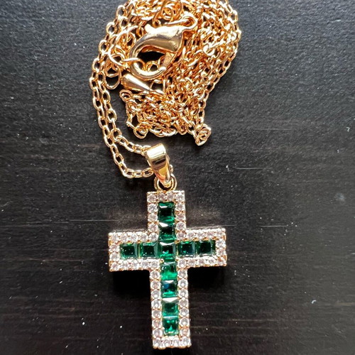 Stavros stainless steel cross with green and white stones new