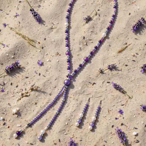 Handmade purple,pink beaded Long necklace and earrings set